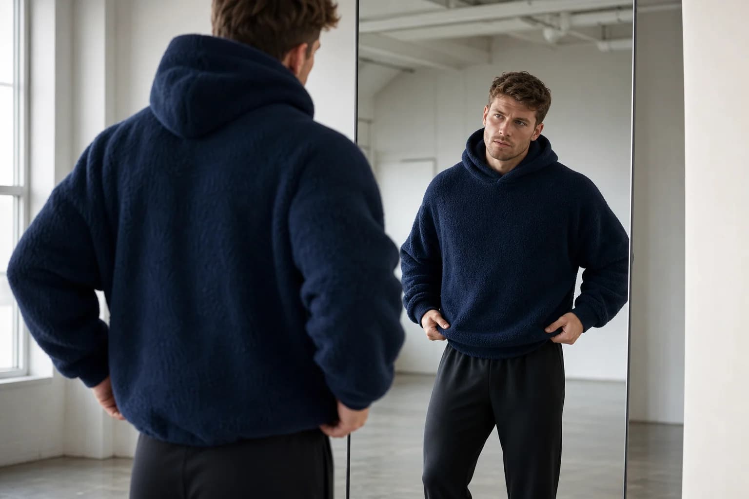 Man controleert de pasvorm van een oversized navy hoodie voor een spiegel in een lichte studio