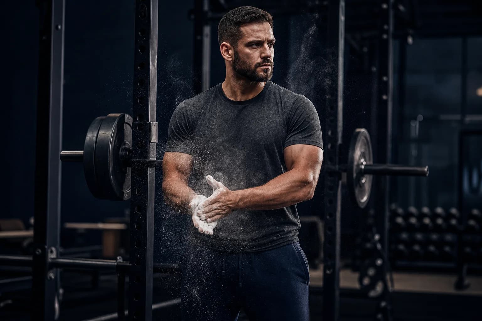 Man tijdens een set met de barbell in een donkere krachtsportgym, gekleed in fitted trainingsshirt en joggers