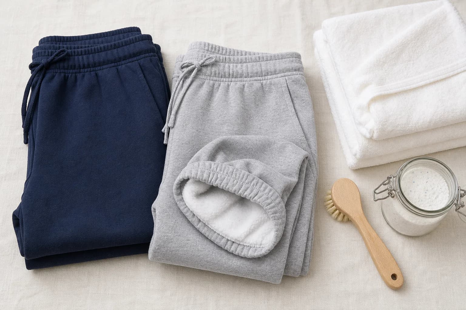 Opgevouwen navy en grijze sweatpants naast waspoeder en handdoeken op een licht linnen oppervlak