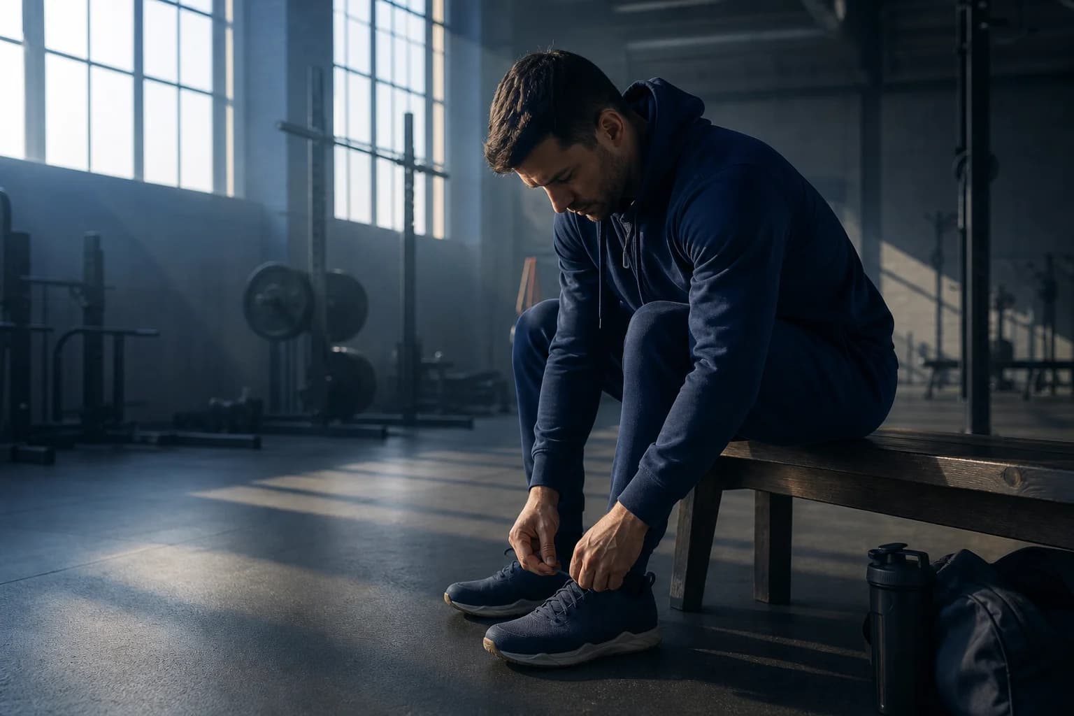 Man knoopt bij zonsopgang zijn trainingsschoen in een lege gym, gekleed in navy hoodie en joggers
